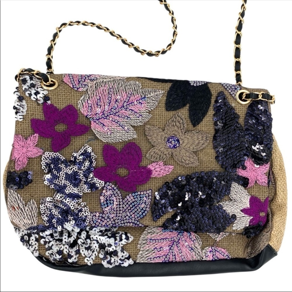 Floral Embroidered Sequin Woven Jute Clutch Shoulder Bag - Picture 5 of 15